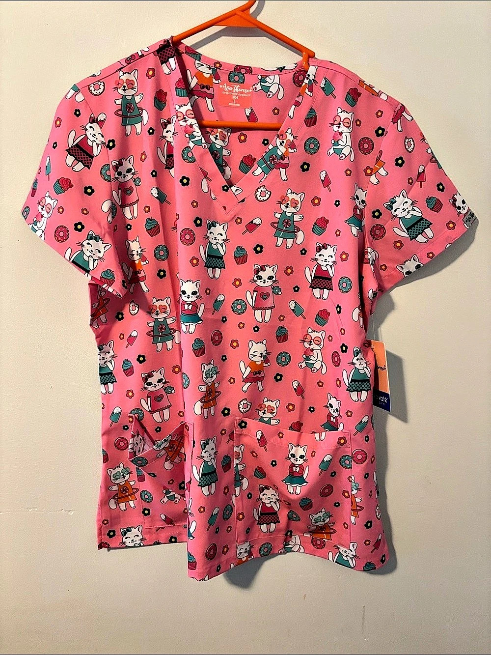 Zavalo Cat Print V-Neck Top in Pink Size LargeNWT